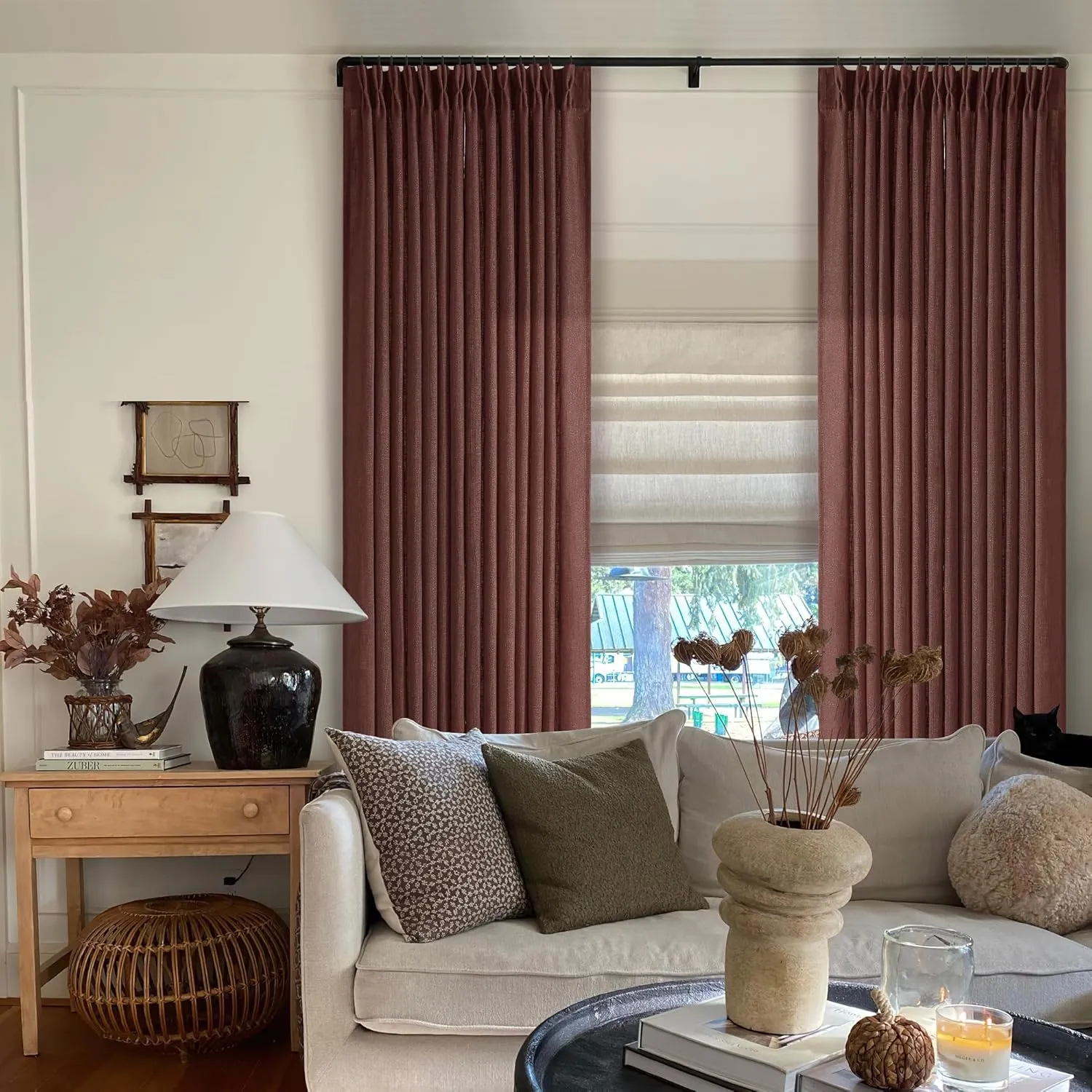 Reddish Brown Linen Pinch Pleated Curtains 96 Inches Long for Living Room Pleated Drapes Back Tab Thick Linen Textured Boho Farmhouse Country Maroon Rust Brown 96 Inch Curtain for Dining Bedroom