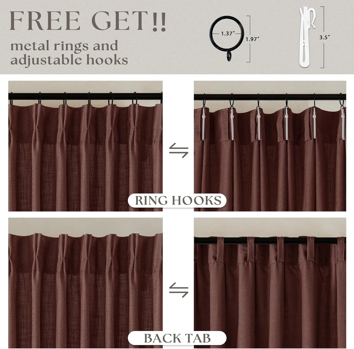 Reddish Brown Linen Pinch Pleated Curtains 96 Inches Long for Living Room Pleated Drapes Back Tab Thick Linen Textured Boho Farmhouse Country Maroon Rust Brown 96 Inch Curtain for Dining Bedroom