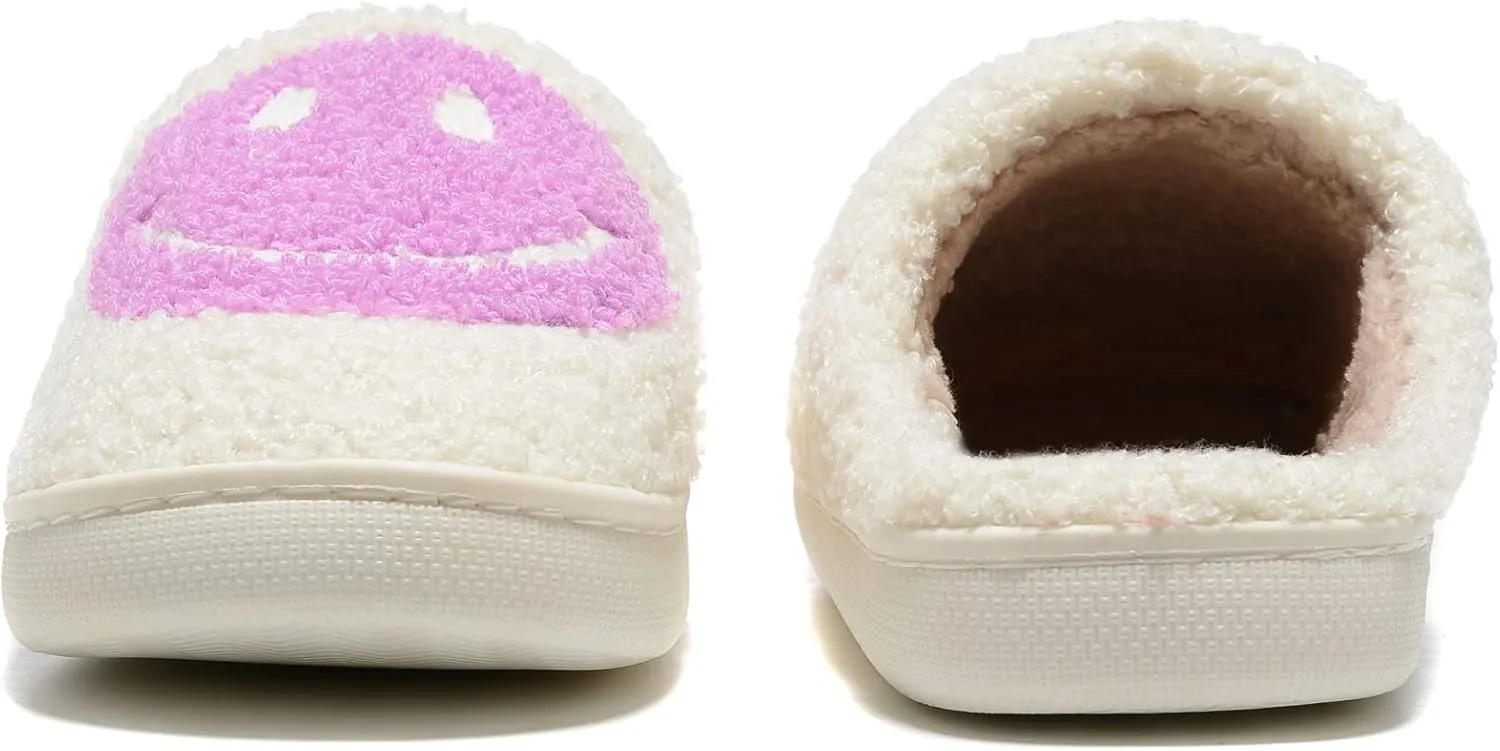 Retro Fuzzy Face Slippers for Women Men, Retro Soft Fluffy Warm Home Non-Slip Couple Style Casual Smile Face Slippers Indoor Outdoor Anti-Skid Warm Cozy Foam Slide Fuzzy Slides with Soft Memory Foam Shoes