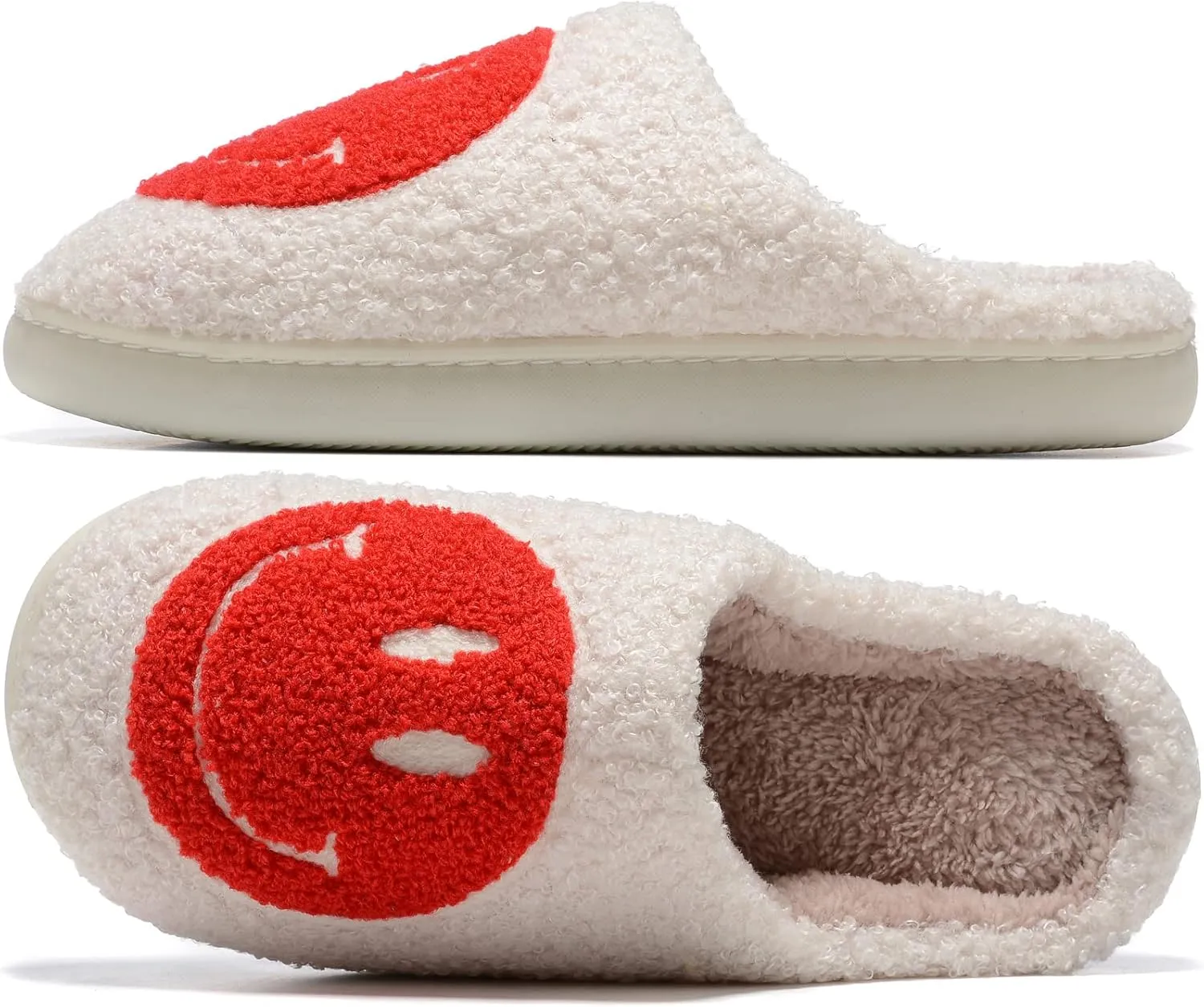 Retro Fuzzy Face Slippers for Women Men, Retro Soft Fluffy Warm Home Non-Slip Couple Style Casual Smile Face Slippers Indoor Outdoor Anti-Skid Warm Cozy Foam Slide Fuzzy Slides with Soft Memory Foam Shoes