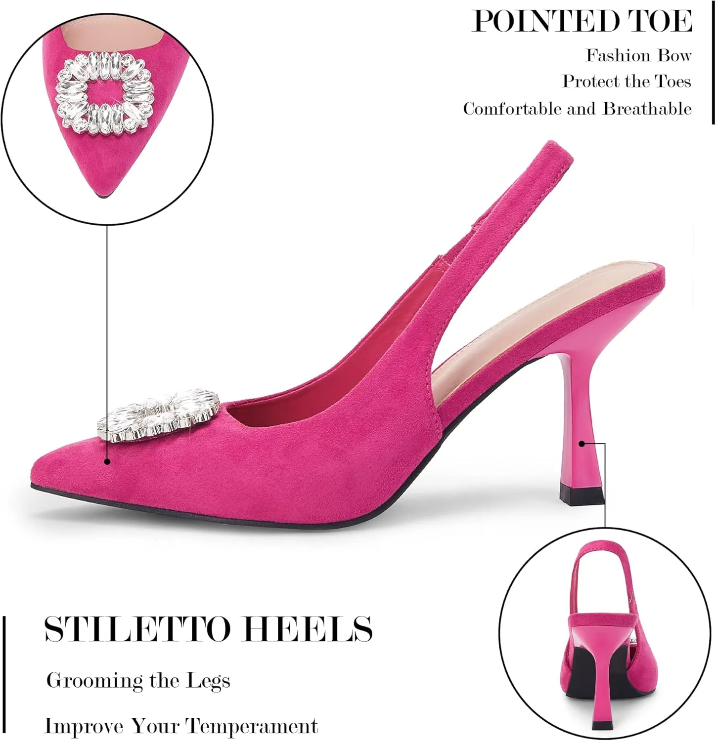 Rilista Women's Slingback Heels Rhinestone Closed Pointed Toe Wedding Party Dress Pumps Shoes