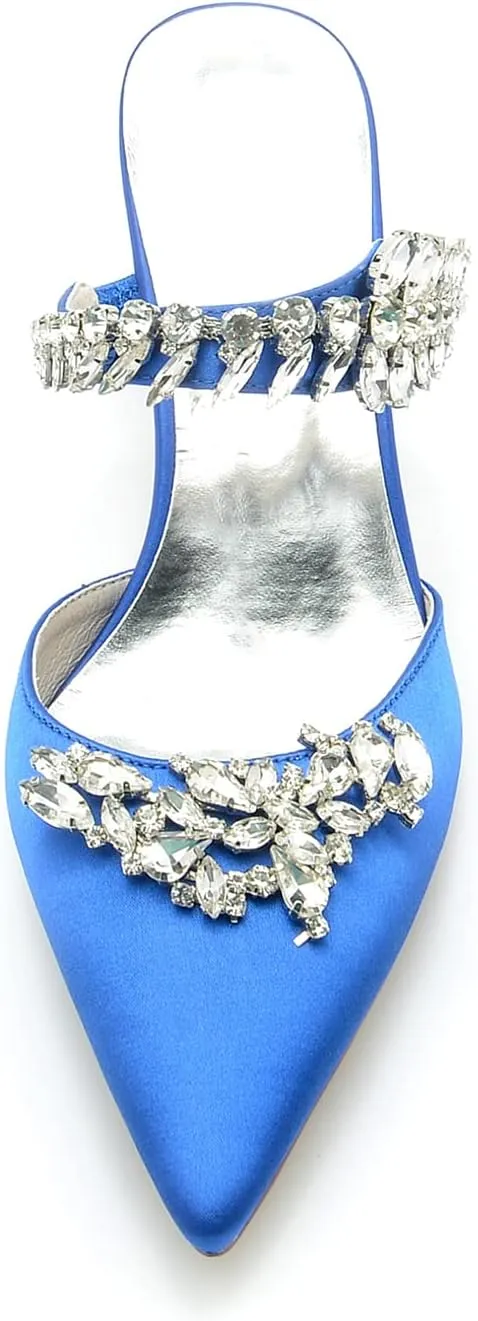Satin Wedding Shoes for Bride,Kitten Heel Mule Heels Shoes for Women Mid Heeled Pumps Sandals Rhinestones Wedding Bridal Evening Party Dress Shoes