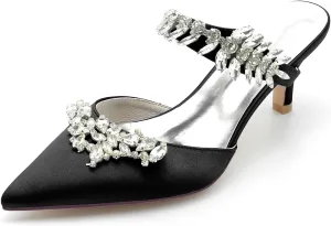 Satin Wedding Shoes for Bride,Kitten Heel Mule Heels Shoes for Women Mid Heeled Pumps Sandals Rhinestones Wedding Bridal Evening Party Dress Shoes