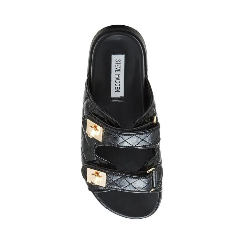 Schmona Black Leather Quilted Flat Slide Sandals