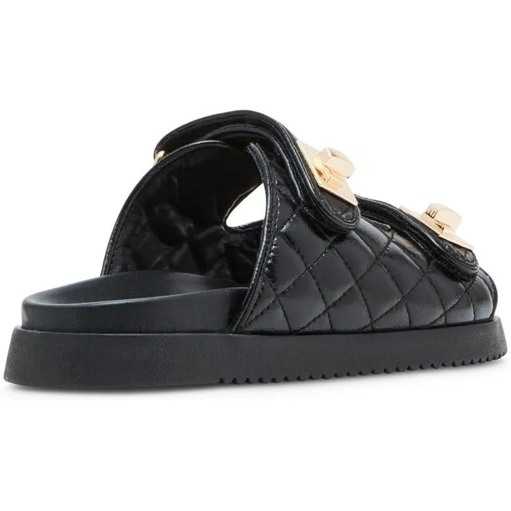 Schmona Black Leather Quilted Flat Slide Sandals