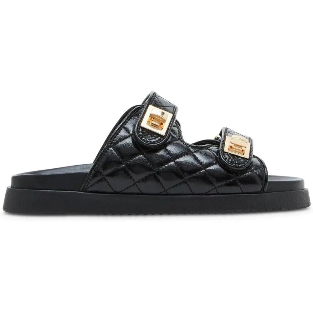 Schmona Black Leather Quilted Flat Slide Sandals