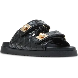Schmona Black Leather Quilted Flat Slide Sandals