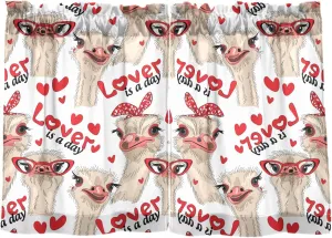 Seamless Ostriches with Red Glasses Hairpins Lover is a Day Letterings 2 Panels Kitchen Small Window Curtains, Tier Curtains Rod Pocket Half Short Curtains Blackout Cafe Drapes Symmetrical 27x36 in