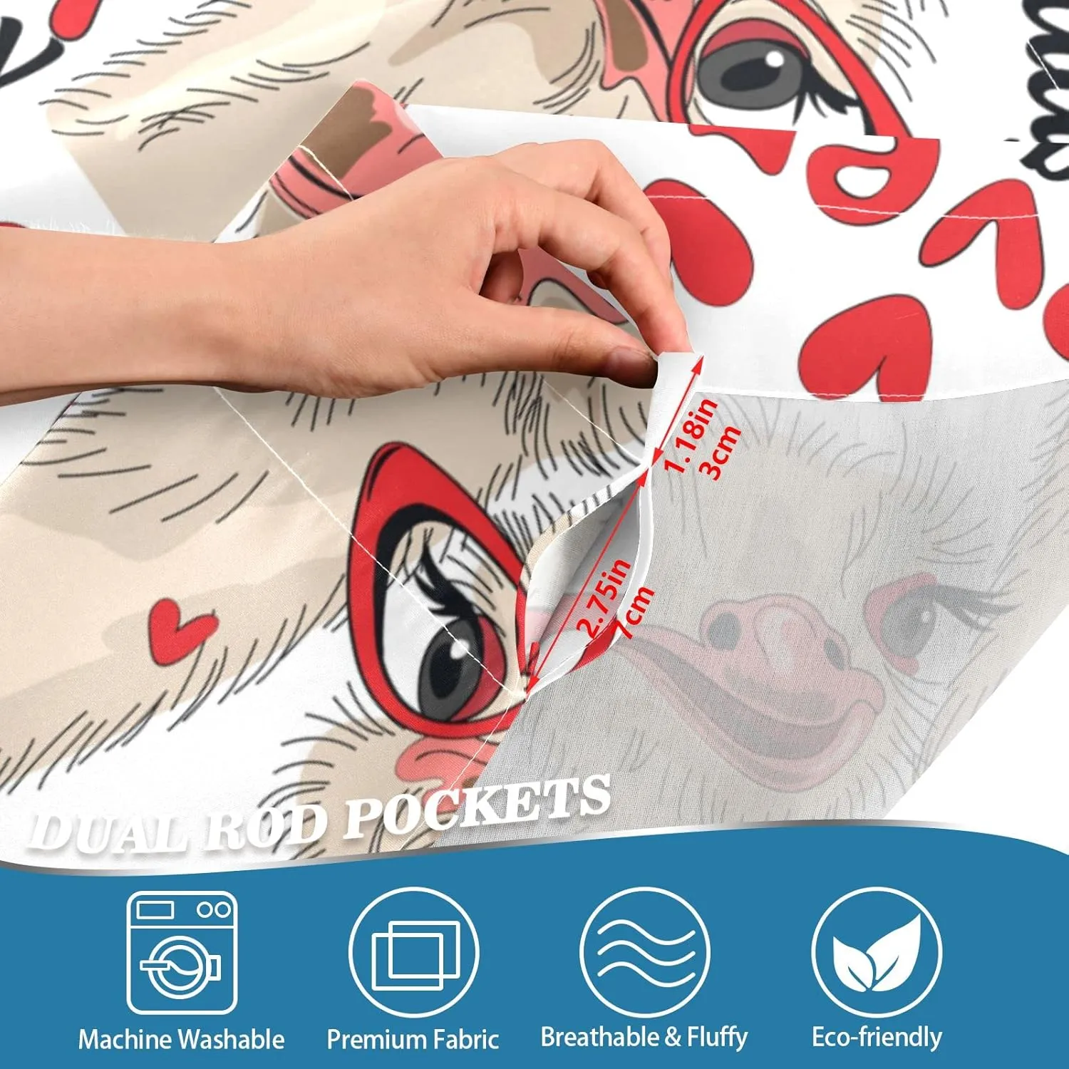 Seamless Ostriches with Red Glasses Hairpins Lover is a Day Letterings 2 Panels Kitchen Small Window Curtains, Tier Curtains Rod Pocket Half Short Curtains Blackout Cafe Drapes Symmetrical 27x36 in