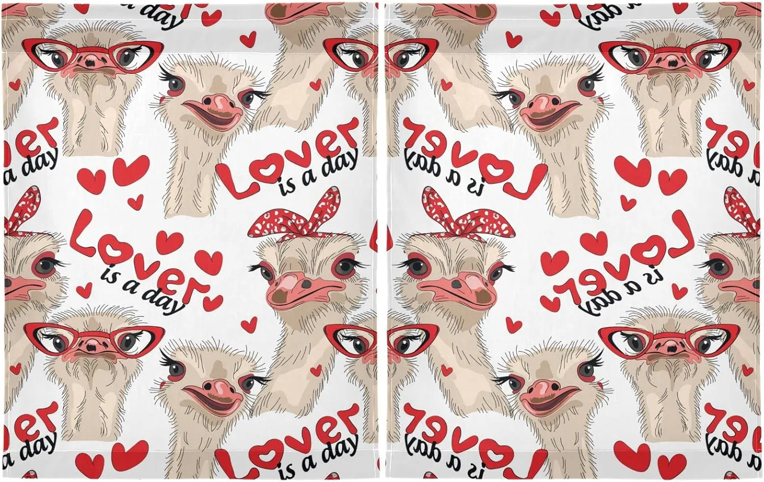 Seamless Ostriches with Red Glasses Hairpins Lover is a Day Letterings 2 Panels Kitchen Small Window Curtains, Tier Curtains Rod Pocket Half Short Curtains Blackout Cafe Drapes Symmetrical 27x36 in
