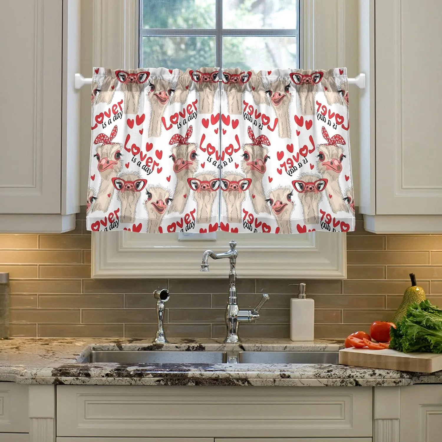 Seamless Ostriches with Red Glasses Hairpins Lover is a Day Letterings 2 Panels Kitchen Small Window Curtains, Tier Curtains Rod Pocket Half Short Curtains Blackout Cafe Drapes Symmetrical 27x36 in