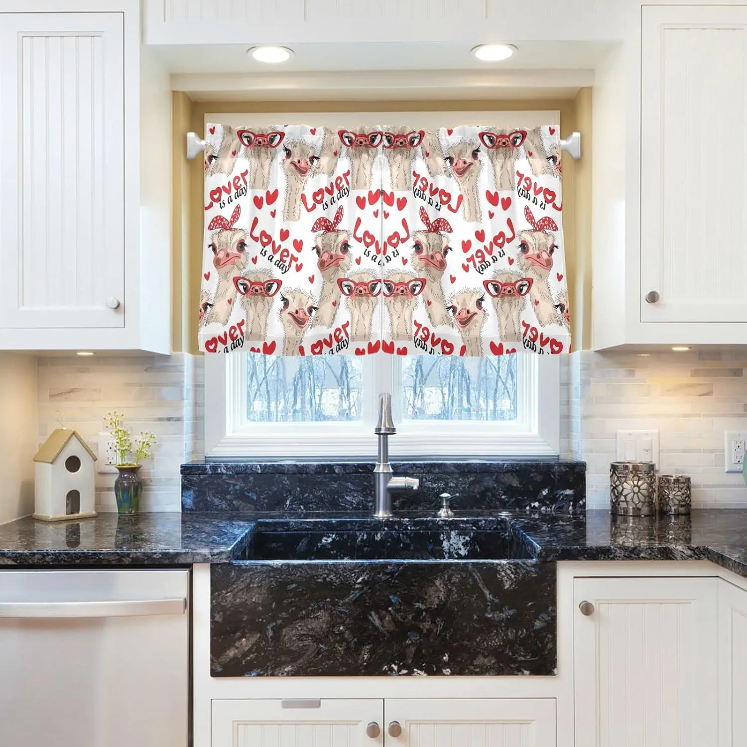 Seamless Ostriches with Red Glasses Hairpins Lover is a Day Letterings 2 Panels Kitchen Small Window Curtains, Tier Curtains Rod Pocket Half Short Curtains Blackout Cafe Drapes Symmetrical 27x36 in