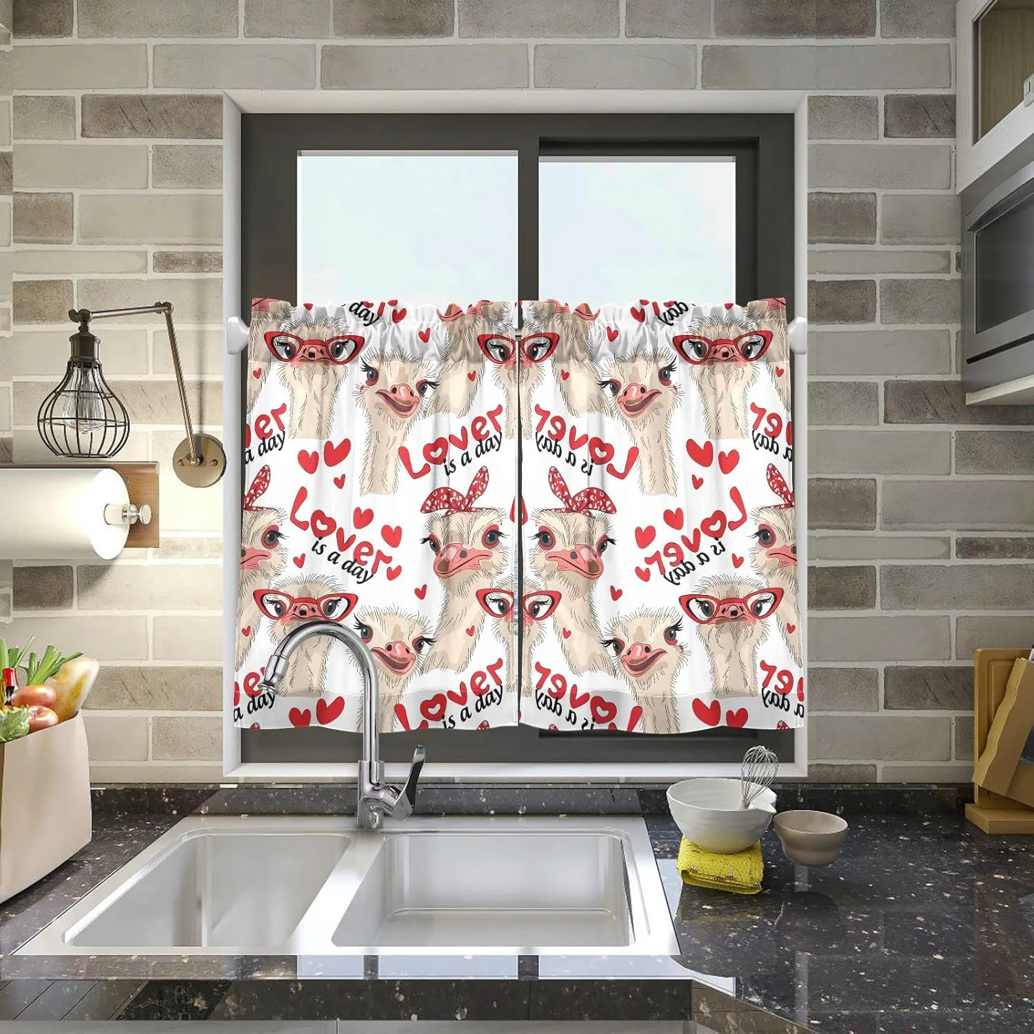 Seamless Ostriches with Red Glasses Hairpins Lover is a Day Letterings 2 Panels Kitchen Small Window Curtains, Tier Curtains Rod Pocket Half Short Curtains Blackout Cafe Drapes Symmetrical 27x36 in