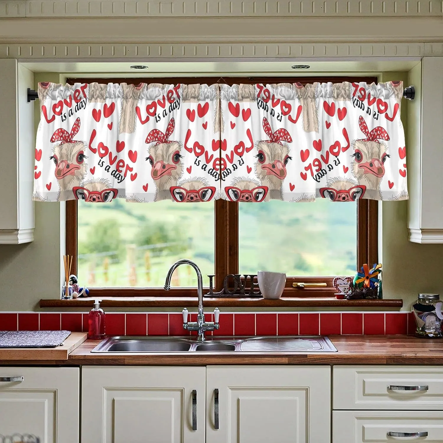 Seamless Ostriches with Red Glasses Hairpins Lover is a Day Letterings 2 Panels Kitchen Small Window Curtains, Tier Curtains Rod Pocket Half Short Curtains Blackout Cafe Drapes Symmetrical 57x24 in