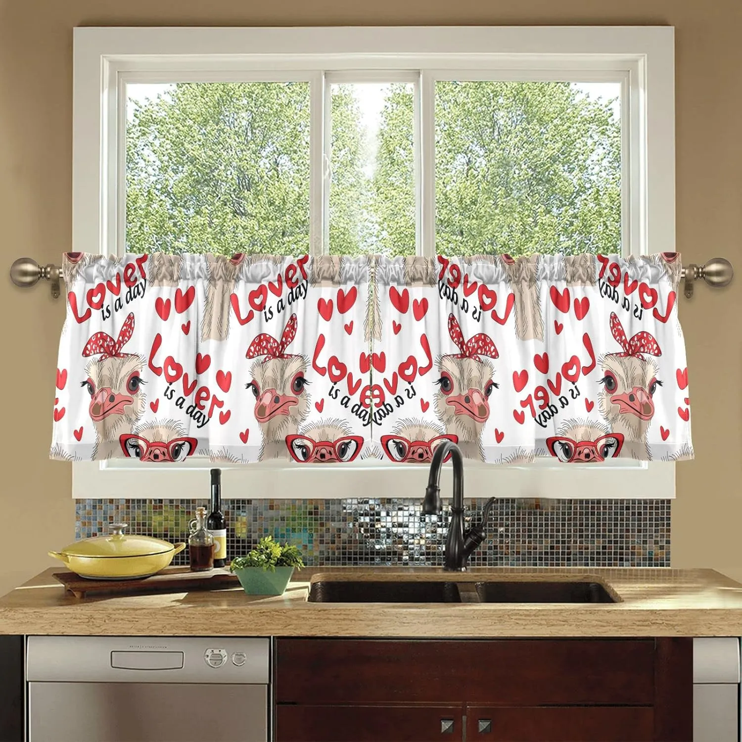 Seamless Ostriches with Red Glasses Hairpins Lover is a Day Letterings 2 Panels Kitchen Small Window Curtains, Tier Curtains Rod Pocket Half Short Curtains Blackout Cafe Drapes Symmetrical 57x24 in