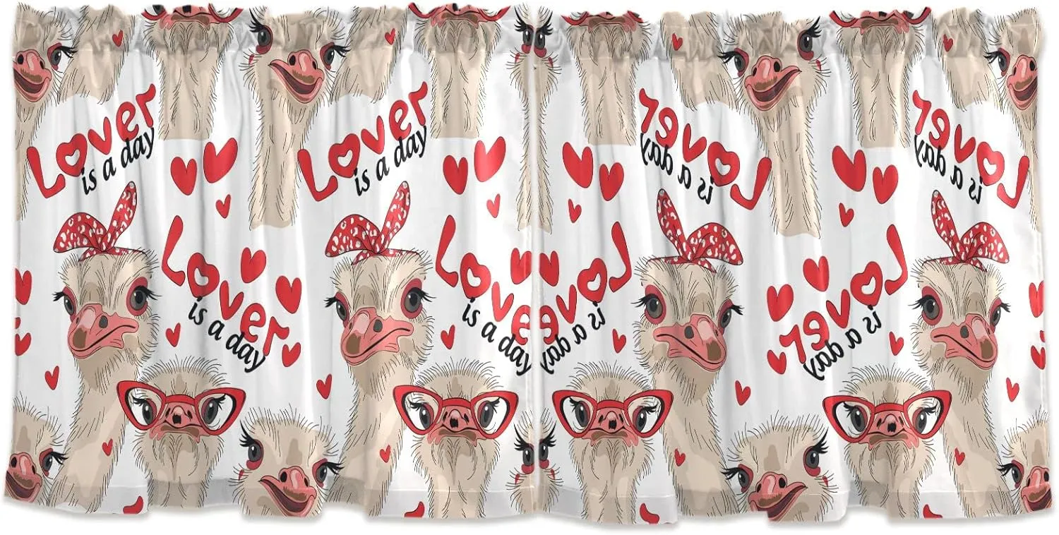 Seamless Ostriches with Red Glasses Hairpins Lover is a Day Letterings 2 Panels Kitchen Small Window Curtains, Tier Curtains Rod Pocket Half Short Curtains Blackout Cafe Drapes Symmetrical 57x24 in