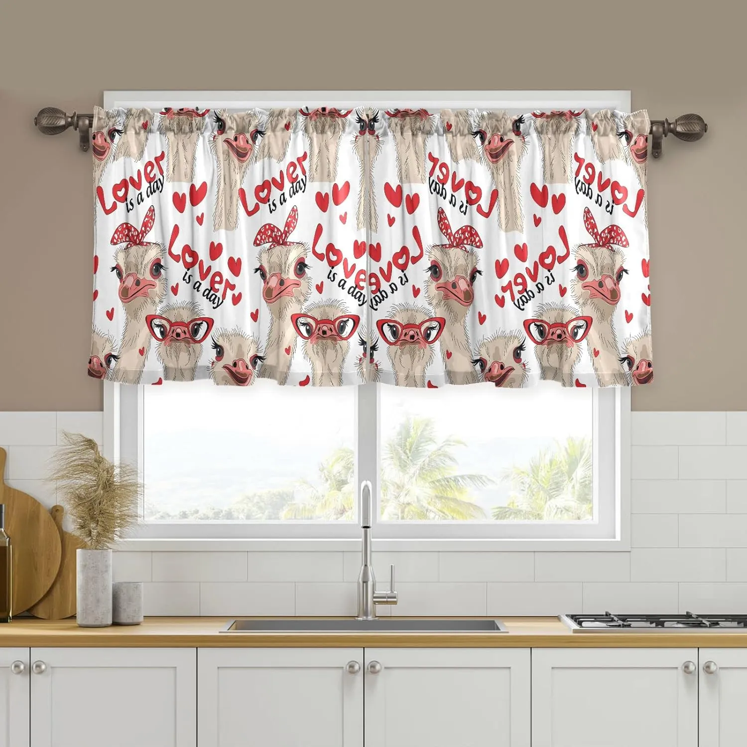 Seamless Ostriches with Red Glasses Hairpins Lover is a Day Letterings 2 Panels Kitchen Small Window Curtains, Tier Curtains Rod Pocket Half Short Curtains Blackout Cafe Drapes Symmetrical 57x24 in
