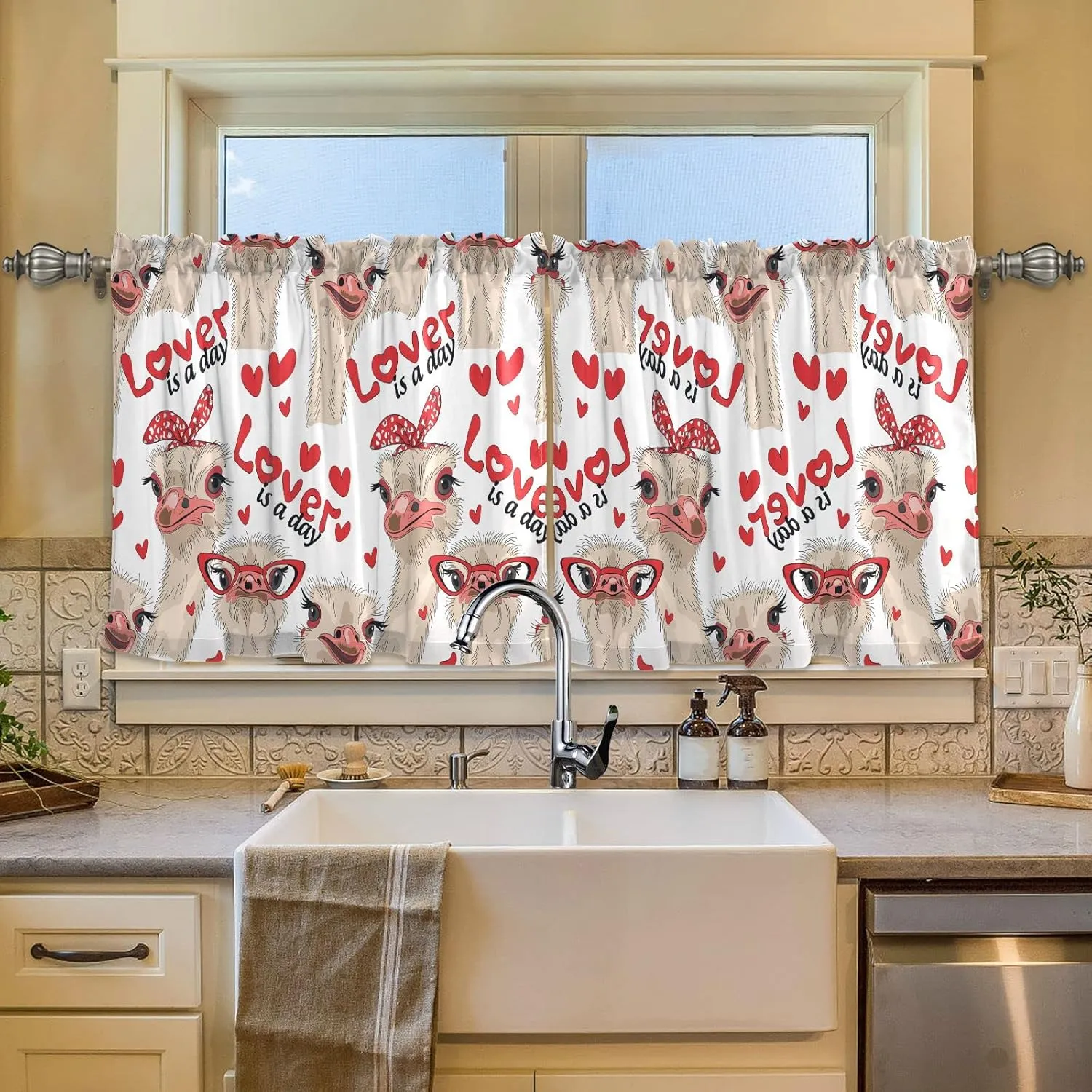 Seamless Ostriches with Red Glasses Hairpins Lover is a Day Letterings 2 Panels Kitchen Small Window Curtains, Tier Curtains Rod Pocket Half Short Curtains Blackout Cafe Drapes Symmetrical 57x24 in