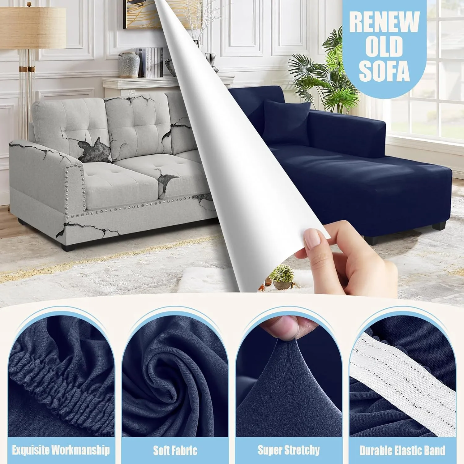 Sectional Couch Covers L Shape Sofa Covers Super Stretch 2pcs Sofa Slipcovers for 3   3 Seaters Sectional Chaise Slipcover with 2pcs Pillow Covers for Pets Kids (Dark Blue)