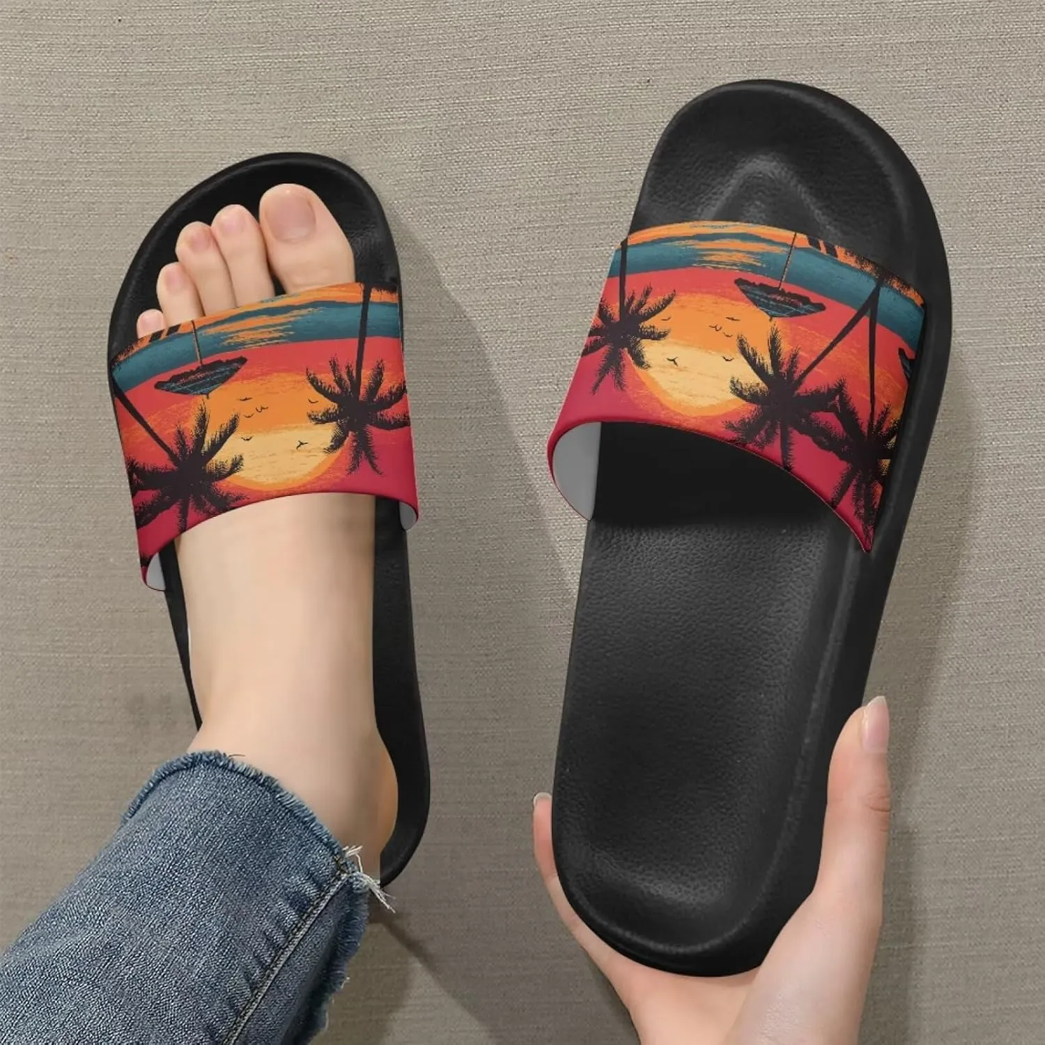 Skull Rose Sandals for Women Gothic Slippers Open Toe Slides Beach Shower Flip-Flops EVA Sole Lightweight