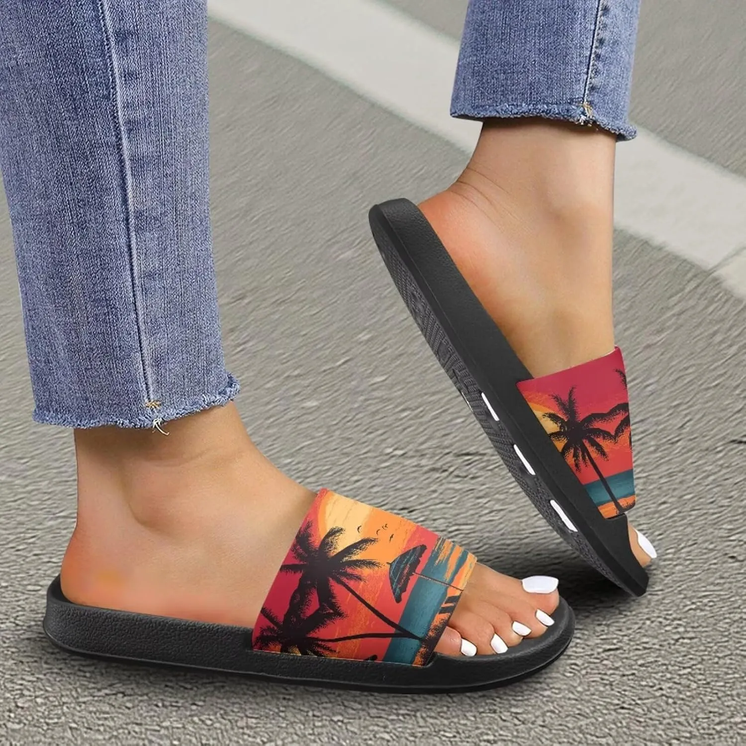 Skull Rose Sandals for Women Gothic Slippers Open Toe Slides Beach Shower Flip-Flops EVA Sole Lightweight