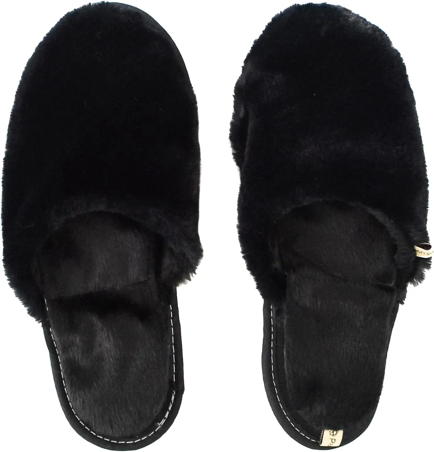 slide on Aromatherapy women's slippers featuring heatable lavender-filled aromatherapy insoles. Spa-style slide-on slippers with a fuzzy faux fur exterior.