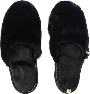 slide on Aromatherapy women's slippers featuring heatable lavender-filled aromatherapy insoles. Spa-style slide-on slippers with a fuzzy faux fur exterior.