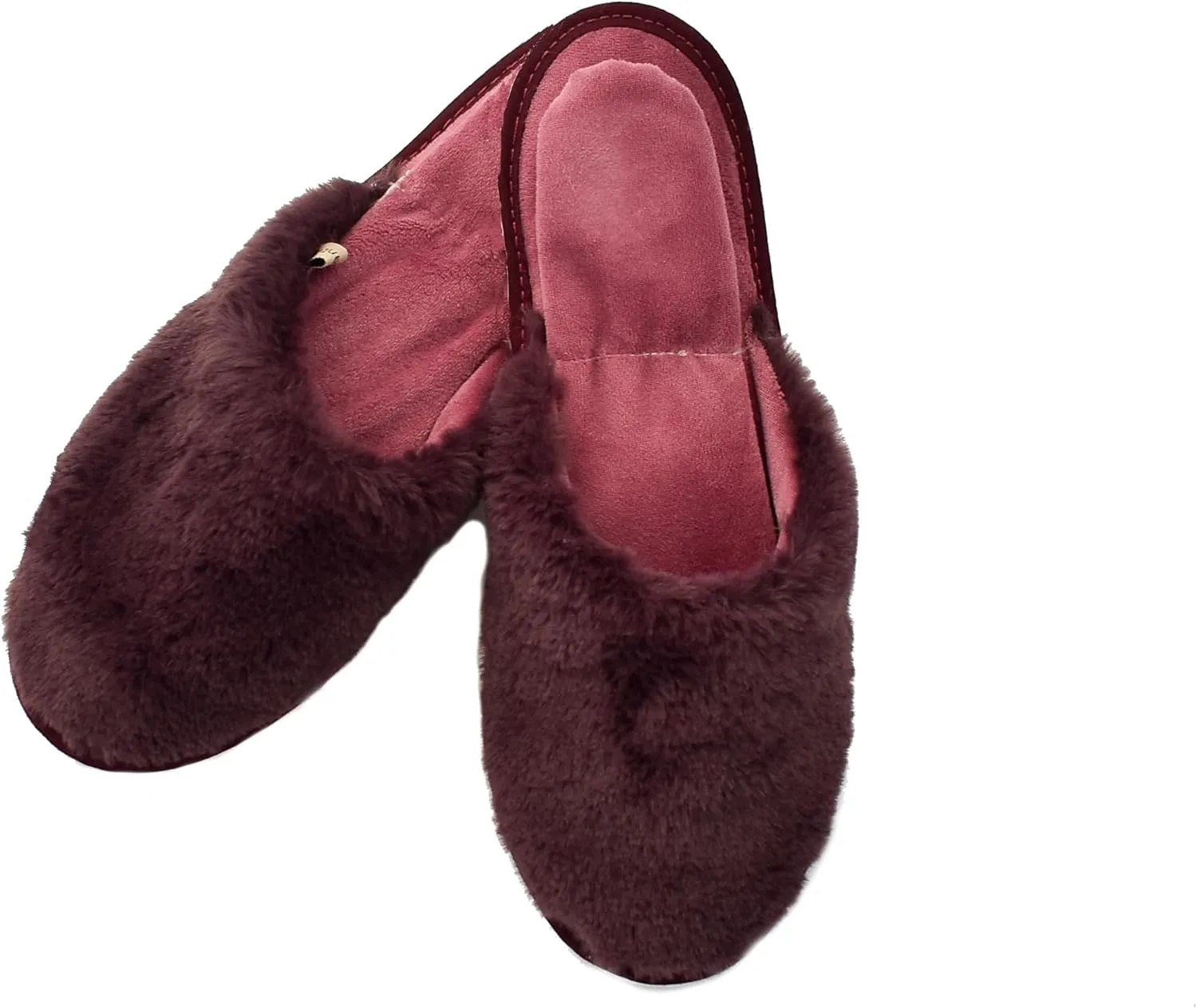 slide on Aromatherapy women's slippers featuring heatable lavender-filled aromatherapy insoles. Spa-style slide-on slippers with a fuzzy faux fur exterior.