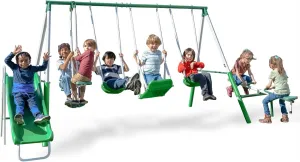Sportspower Park Ridge Metal Swing Set: 2 Swings/Standing Swing, 2 Person Roman Glider Swing, Teeter Totter and 5' Wavy Slide, EXCEEDS ASTM Safety Standards *Bonus 4pc Anchor Kit*