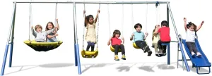 Sportspower 'Swing and Play' Galvanized Metal Swing Set(6 Year Warranty): 2 Swings Standing, 2 Kid Roman Glider Saucer, 5' Wavy Slide, EXCEEDS ASTM Safety Standards*4pc Anchor Kit*