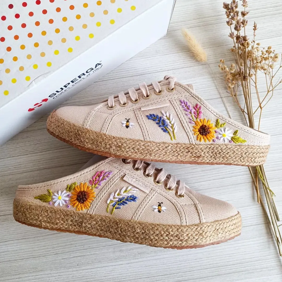 Sunflowers on Superga 2402 Mules (Espadrille with Rose Gold Eyelets)