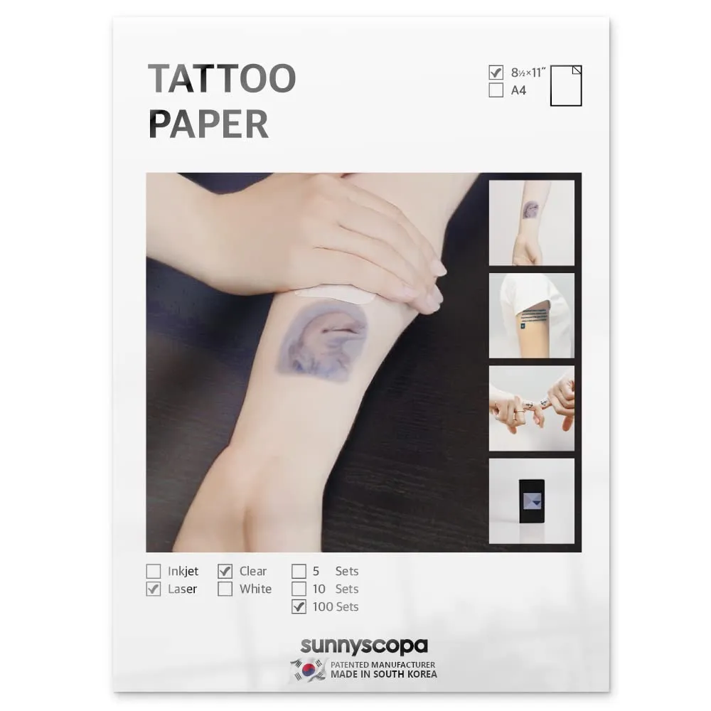 Sunnyscopa Printable Temporary Tattoo Paper for LASER printer - US LETTER SIZE 8.5"X11", 100 SHEETS - DIY Personalized Image Transfer Sheet for skin - Custom Waterslide Decal Stencil Henna