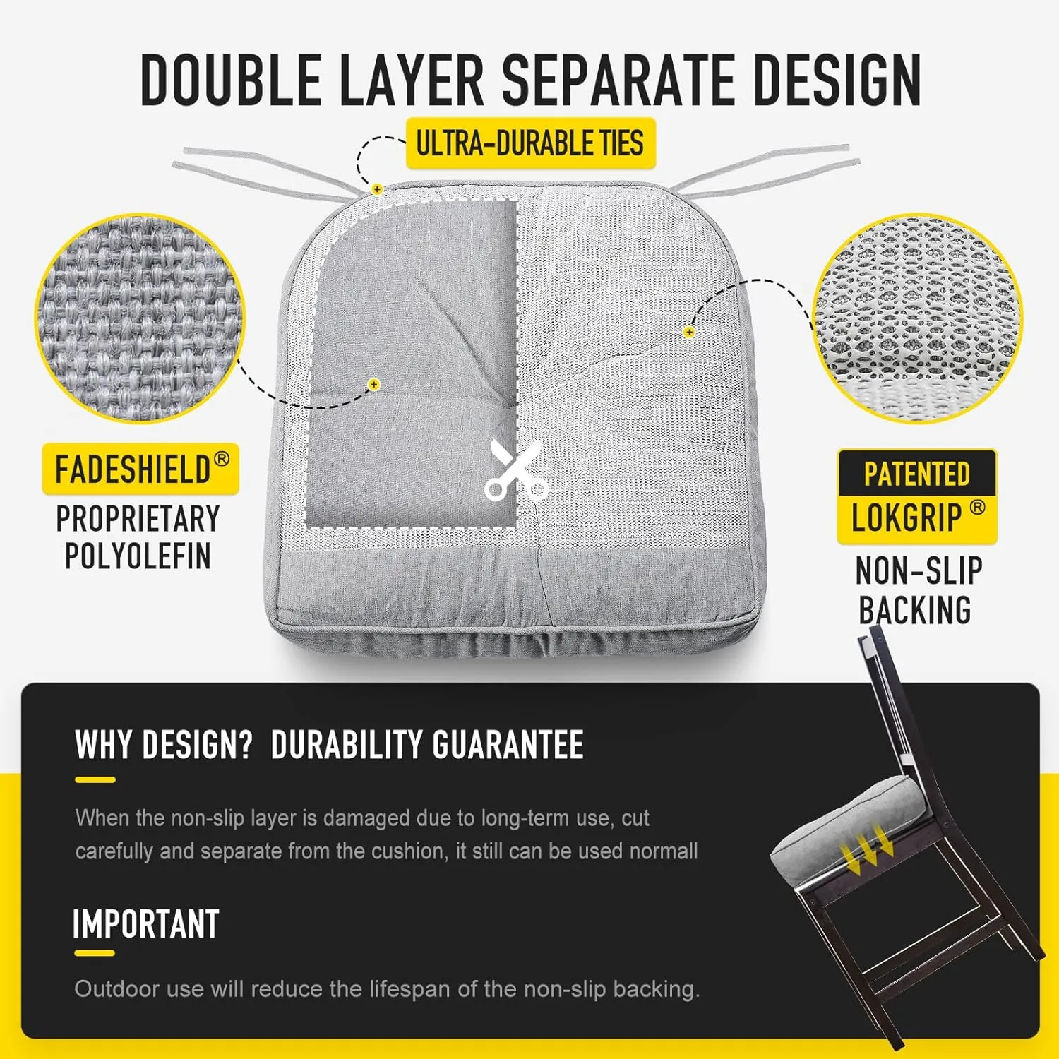 SUNROX LokGrip Non Slip Gel Memory Foam Chair Cushions for Dining Chairs Tailbone Pain Relief, Tufted Stain Resistant Thicken Durable Chair Pad for Dining Kitchen Office 17"x16" Set of 4, Heather Grey