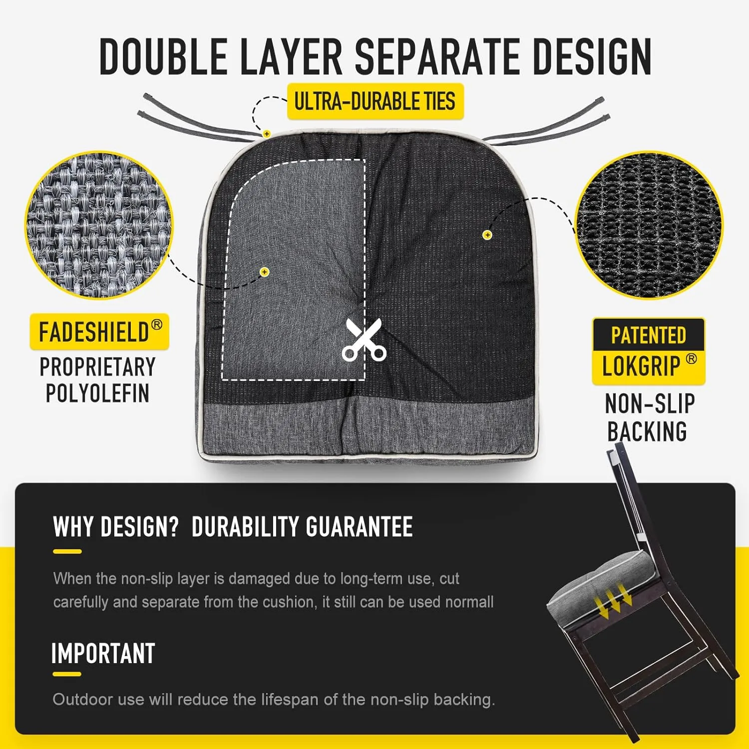 SUNROX LokGrip Non Slip Gel Memory Foam Chair Cushions for Tailbone Pain Relief, Tufted Stain Resistant Thicken Durable Seat Pad Cushion for Kitchen Dining Office 17"x16" Set of 4, Heather Charcoal