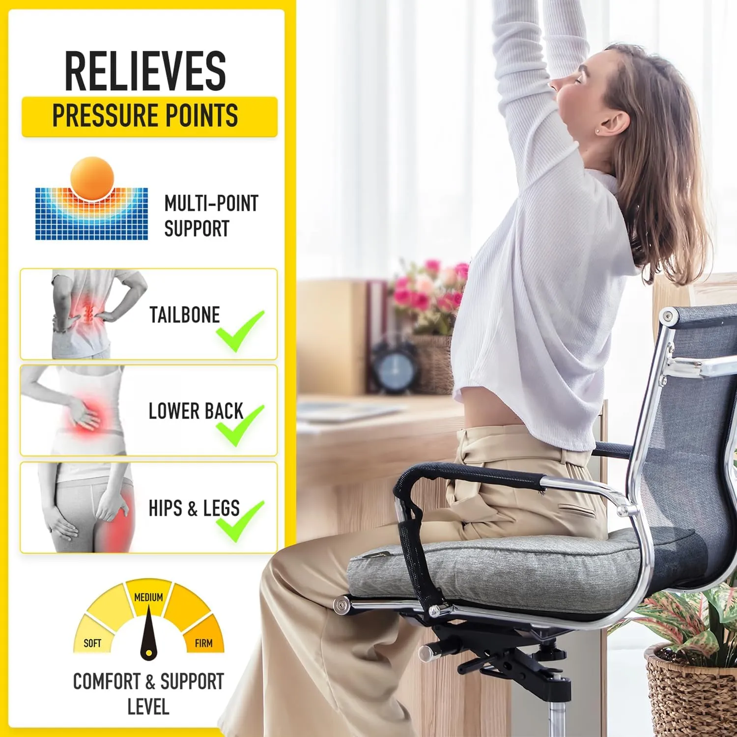 SUNROX LokGrip Non Slip Gel Memory Foam Chair Cushions for Tailbone Pain Relief, Tufted Stain Resistant Thicken Durable Seat Pad Cushion for Kitchen Dining Office 17"x16" Set of 4, Heather Charcoal
