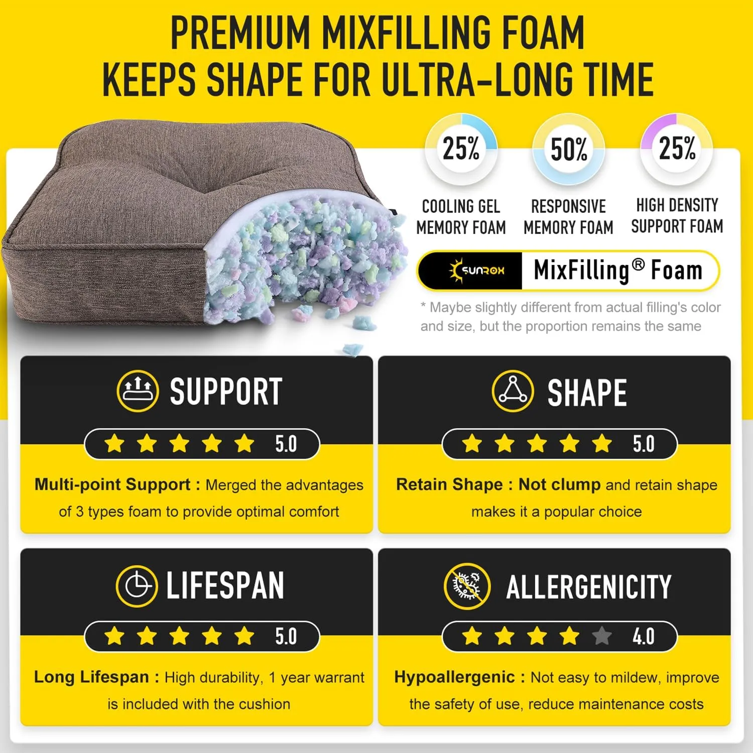 SUNROX LokGrip Non Slip Gel Memory Foam Chair Cushions for Tailbone Pain Relief, Tufted Stain Resistant Thicken Durable Seat Pad Cushion for Kitchen Dining Office 17"x16" Set of 4, Heather Chestnut