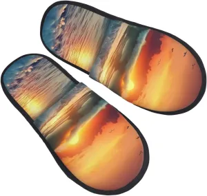 Sunset Seaside Furry Slippers for Men Women Fuzzy Memory Foam Slippers Warm Comfy Slip-on Bedroom Shoes Winter House Shoes for Indoor Outdoor Medium