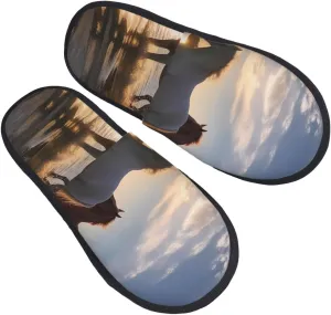 Sunsets Lake Horses Furry Slippers for Men Women Fuzzy Memory Foam Slippers Warm Comfy Slip-on Bedroom Shoes Winter House Shoes for Indoor Outdoor Large