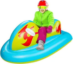 SUNSHINE-MALL Kids Snow Tube, Inflatable Snow Sled for Adults, Heavy Duty Snow Tube Made by Thickening,Snow Toys for Kids Outdoor (Ski Boat-New), Blue Yellow, 126x76x55cm