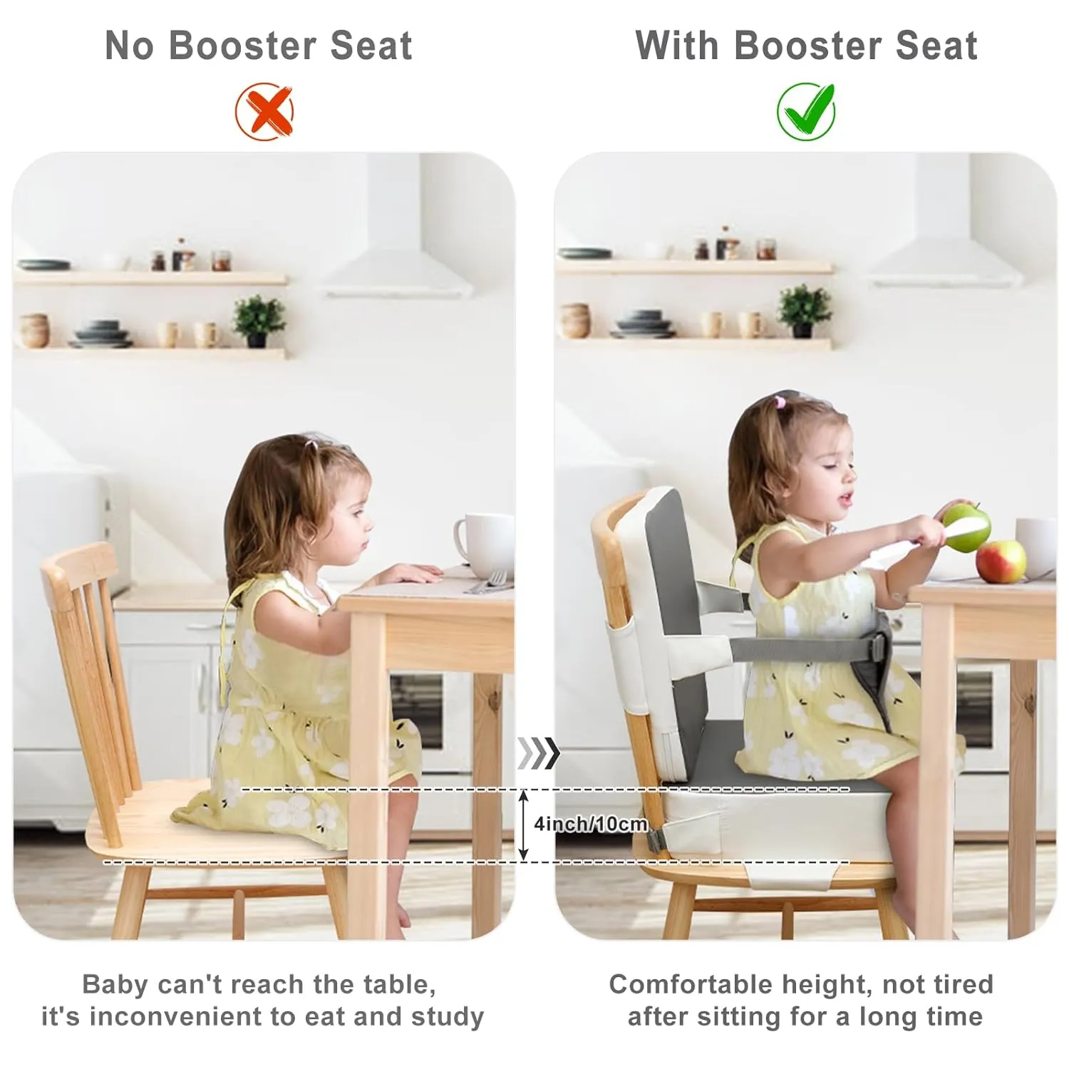 Toddler Booster Seat for Dining Table, Non-Slip Kitchen Chair Booster Cushion with Backrest and Adjustable Straps, Portable PU Waterproof Travel Baby Booster Increasing Cushion