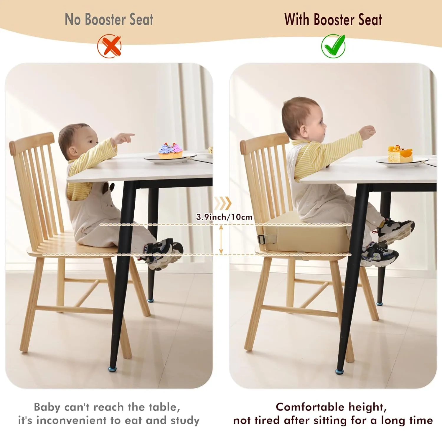 Toddler Booster Seat for Kitchen Chair, Non-Slip Kids Dining Table Booster Seat with Adjustable Safer Straps, Portable Baby Eating Travel Camping Increasing Cushion