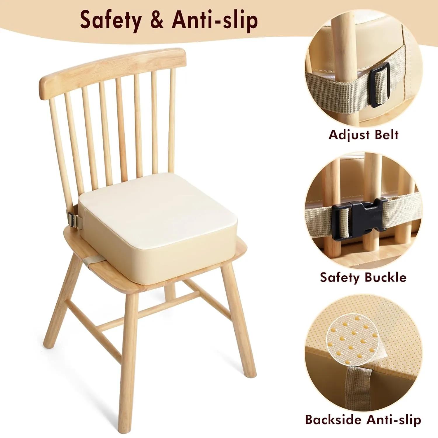 Toddler Booster Seat for Kitchen Chair, Non-Slip Kids Dining Table Booster Seat with Adjustable Safer Straps, Portable Baby Eating Travel Camping Increasing Cushion