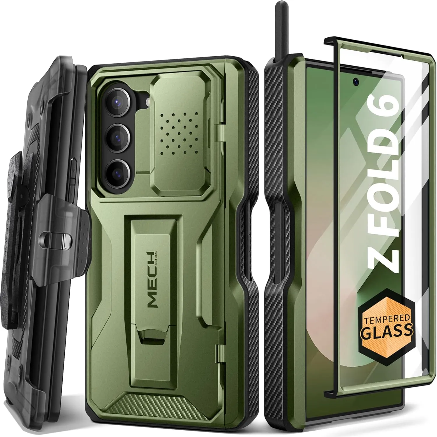 TONGATE for Z Fold 6 Case, [with S Pen Slot & Hinge Protection] [Tempered Glass Screen Protector] Full-Body Military Drop Phone Cases for Samsung Galaxy Z Fold 6 Case with Kickstand & Belt Clip, Green