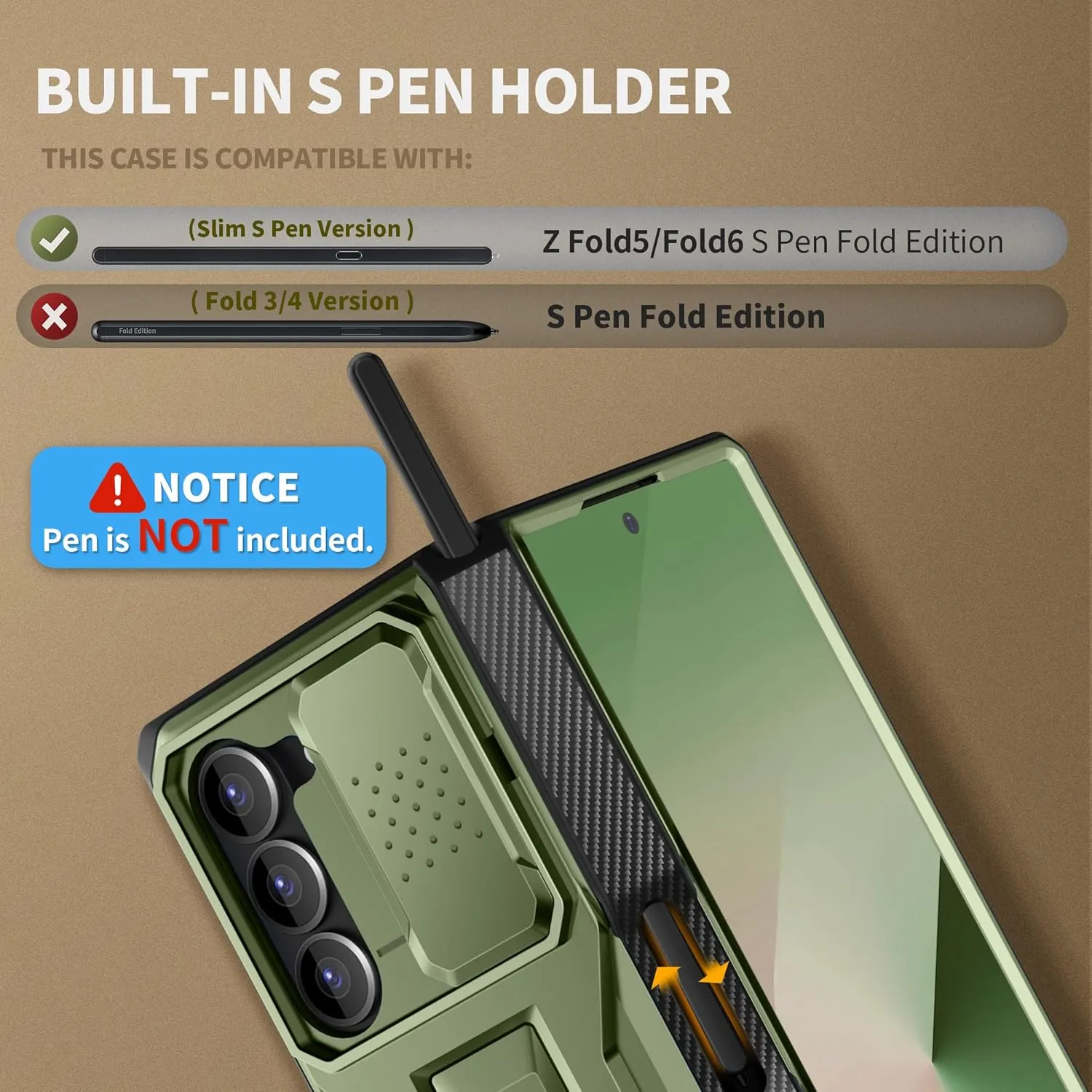 TONGATE for Z Fold 6 Case, [with S Pen Slot & Hinge Protection] [Tempered Glass Screen Protector] Full-Body Military Drop Phone Cases for Samsung Galaxy Z Fold 6 Case with Kickstand & Belt Clip, Green