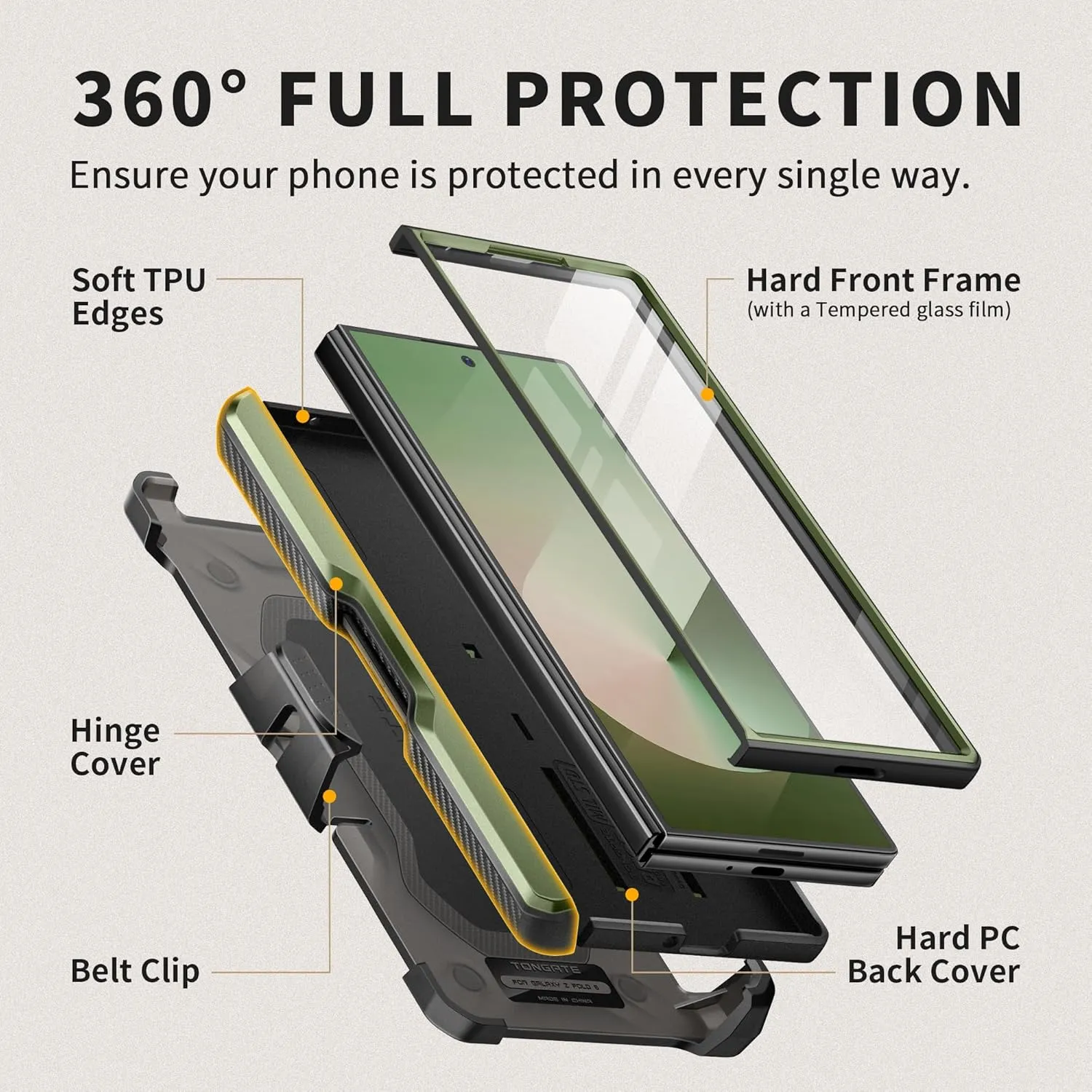 TONGATE for Z Fold 6 Case, [with S Pen Slot & Hinge Protection] [Tempered Glass Screen Protector] Full-Body Military Drop Phone Cases for Samsung Galaxy Z Fold 6 Case with Kickstand & Belt Clip, Green