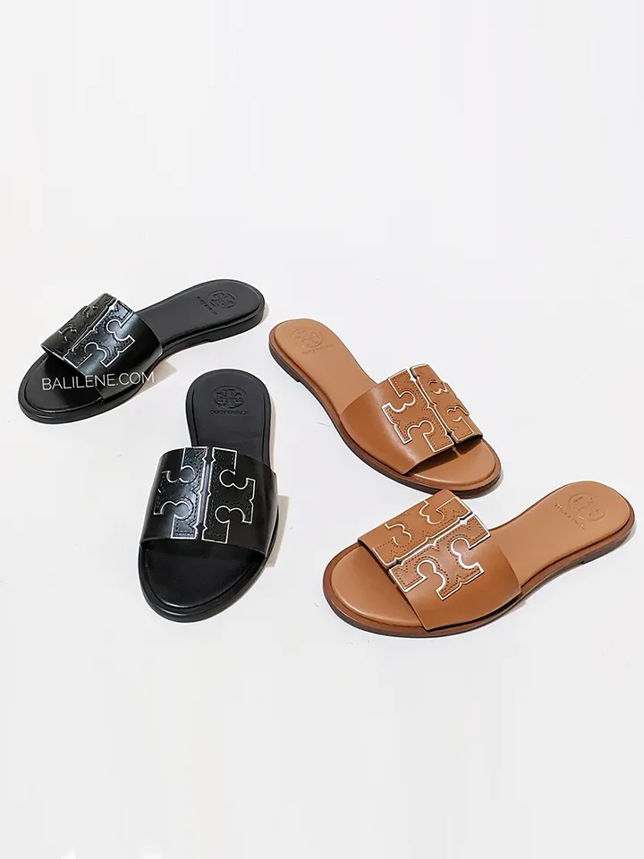 Tory Burch Ines Slide Calf Leather Metallic Black