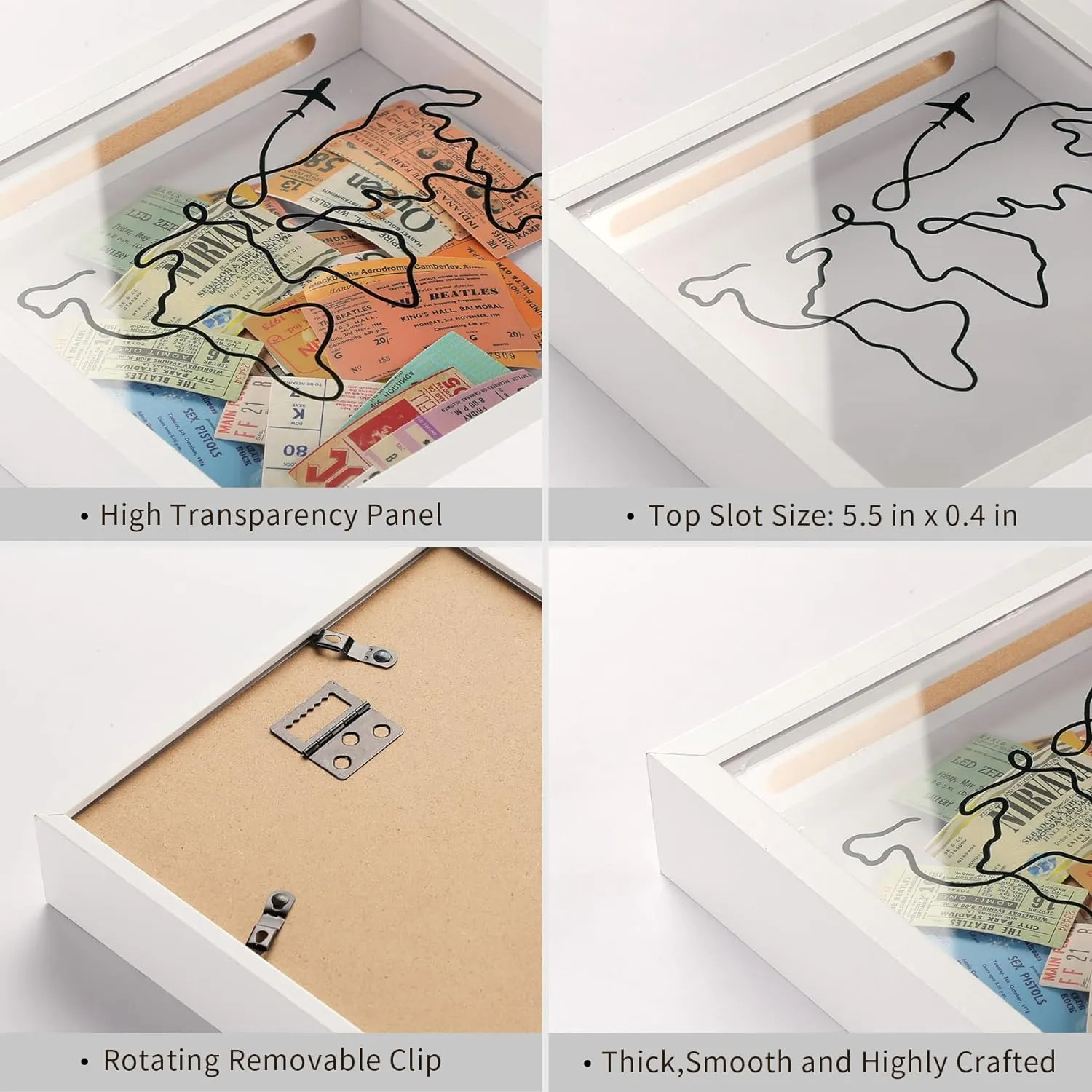 Travel Adventure Archive Shadow Box For Memories,8&12Inch Concert Travel Ticket Stub Memory Top Loading Shadow Keepsake Box With Slot On Top,life In a Shadow Box Travel Frame (White, 8x8)