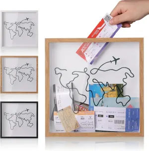 Travel Adventure Archive Shadow Box For Memories,8&12Inch Concert Travel Ticket Stub Memory Top Loading Shadow Keepsake Box With Slot On Top,life In a Shadow Box Travel Frame(Brown, 12x12)
