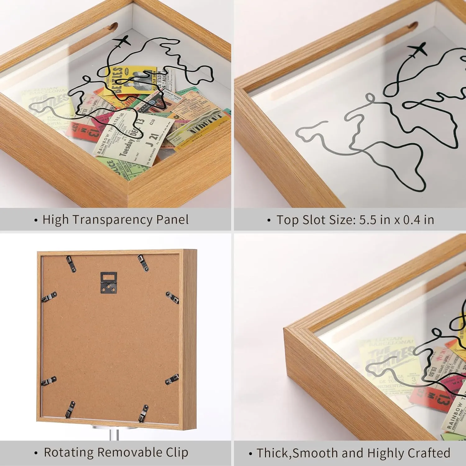 Travel Adventure Archive Shadow Box For Memories,8&12Inch Concert Travel Ticket Stub Memory Top Loading Shadow Keepsake Box With Slot On Top,life In a Shadow Box Travel Frame(Brown, 12x12)