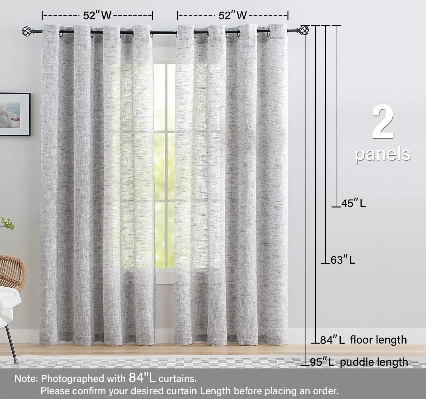 Treatmentex Grey Semi Sheer Curtains for Living Room 84 inch Long Linen Textured Sheer Window Panels for Bedroom Light Filtering Rustic Curtain Drapes Grommet Top 52" W 2 Panels